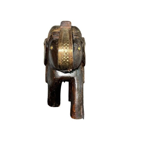 Hand Carved Wooden Elephant Brass Metal blanket Nails for Tusks Brass Metal Eyes - Picture 6 of 11